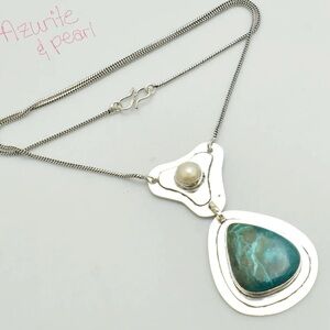 Sterling Silver Azurite Teardrop Pendant Necklace with Pearl Accent - Blue